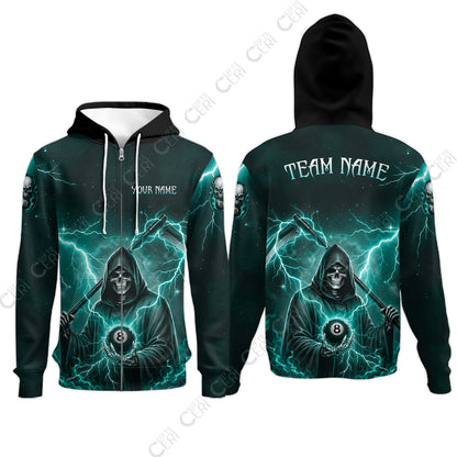 Customized 8 Ball Pool Zip Hoodies, Lightning And Flame Grim Reaper With 8 Ball, Personalized Billiards Jersey