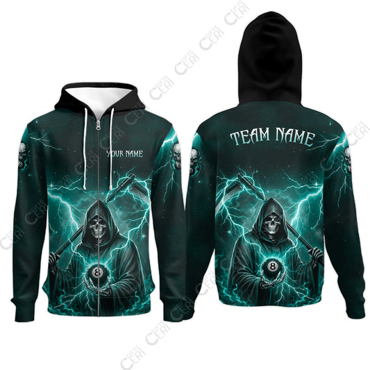 Customized 8 Ball Pool Zip Hoodies, Lightning And Flame Grim Reaper With 8 Ball, Personalized Billiards Jersey