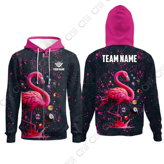 Customized 8 Ball Pool Zip Hoodies, Flamingo Pink Splat Billiard, Personalized Billiards Jersey
