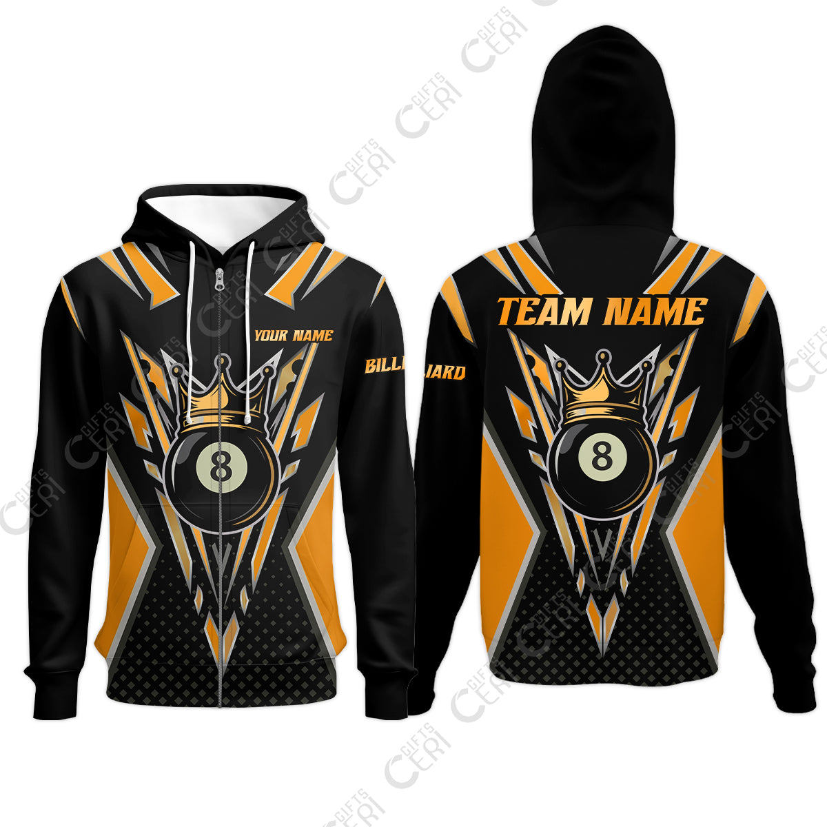 Customized 8 Ball Pool Zip Hoodies, Billiard 8-Ball Crown, Billiard Jerseys