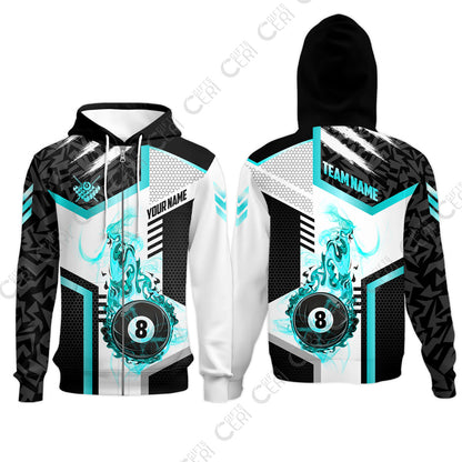 Customized Billiards Zip Hoodies, Flaming 8-Ball Graphic, 8 Ball Pool Jersey
