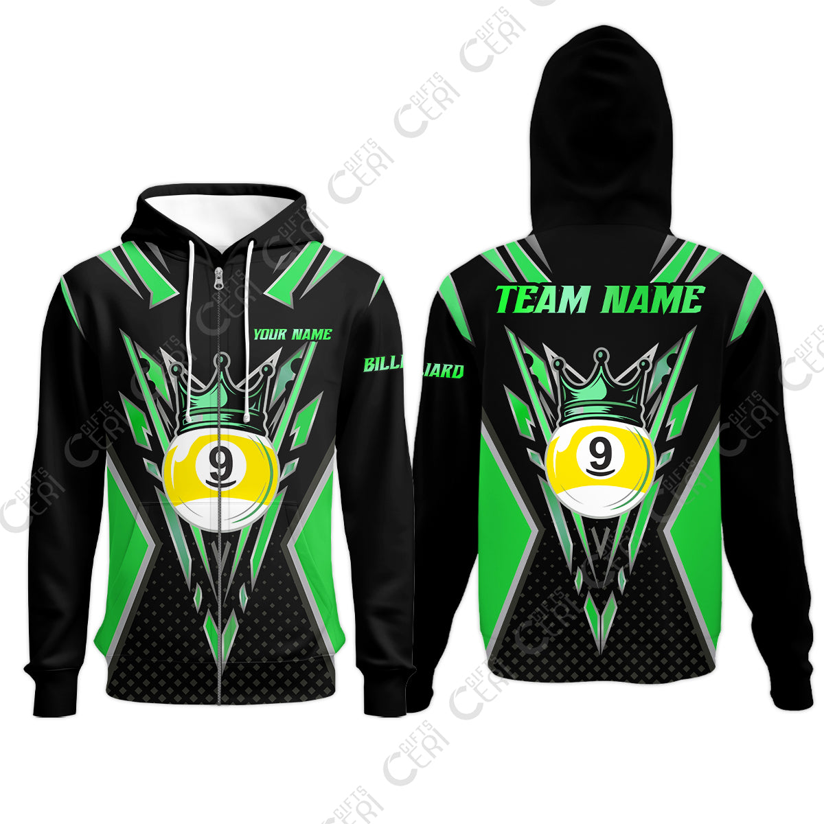 Customized 9 Ball Pool Zip Hoodies, Billiard 9-Ball Crown, Billiard Jerseys