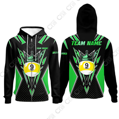Customized 9 Ball Pool Zip Hoodies, Billiard 9-Ball Crown, Billiard Jerseys