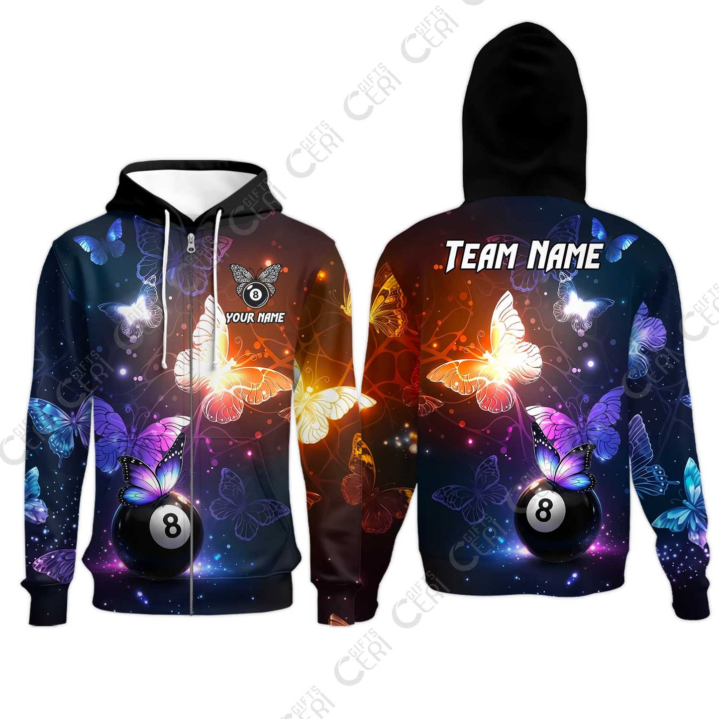 Customized 8 Ball Pool Zip Hoodies, Billiard Butterfly Sparkle 8-Ball, Personalized Billiards Jersey