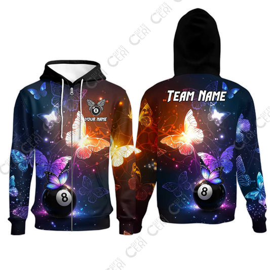 Customized 8 Ball Pool Zip Hoodies, Billiard Butterfly Sparkle 8-Ball, Personalized Billiards Jersey