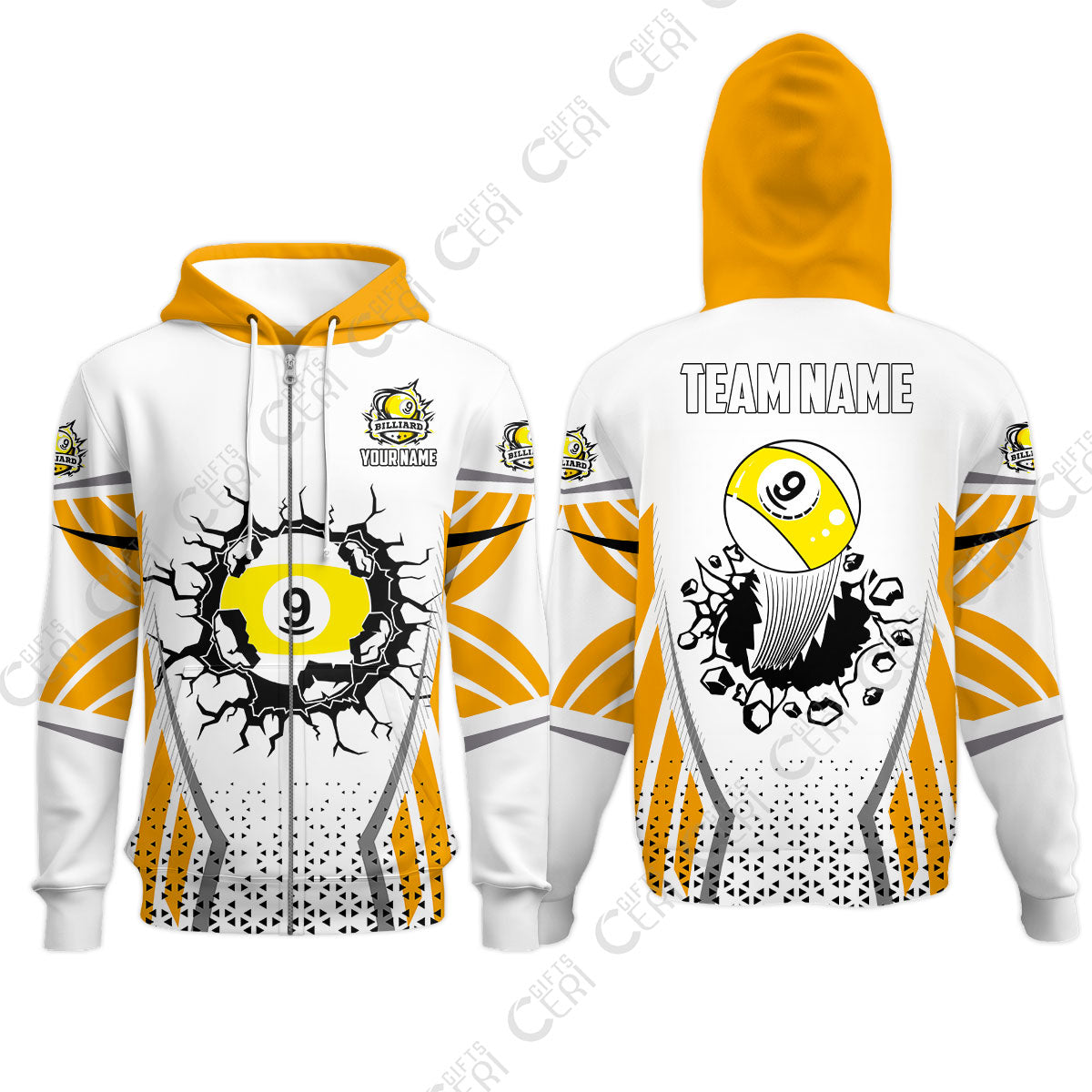 Customized 9 Ball Pool Zip Hoodies, Billiard Triangle Pattern, 9-Ball Breaks The Wall, Billiard Jerseys