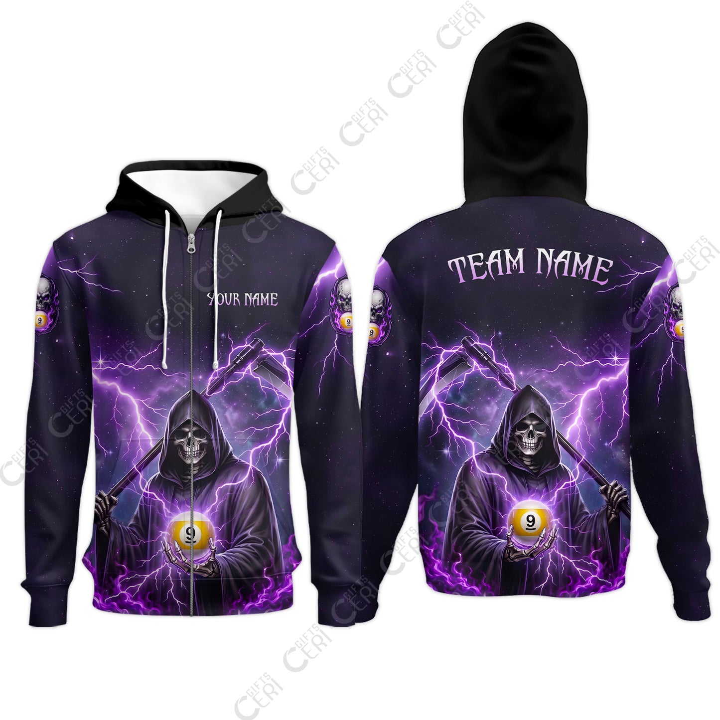 Customized 9 Ball Pool Zip Hoodies, Lightning And Flame Grim Reaper With 9 Ball, Personalized Billiards Jersey