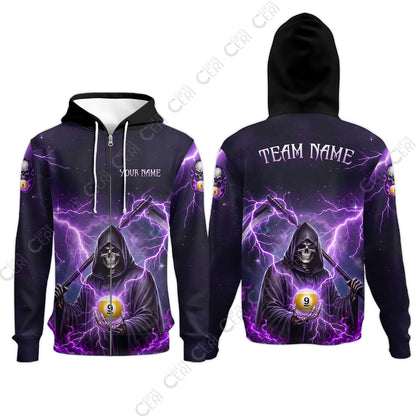 Customized 9 Ball Pool Zip Hoodies, Lightning And Flame Grim Reaper With 9 Ball, Personalized Billiards Jersey