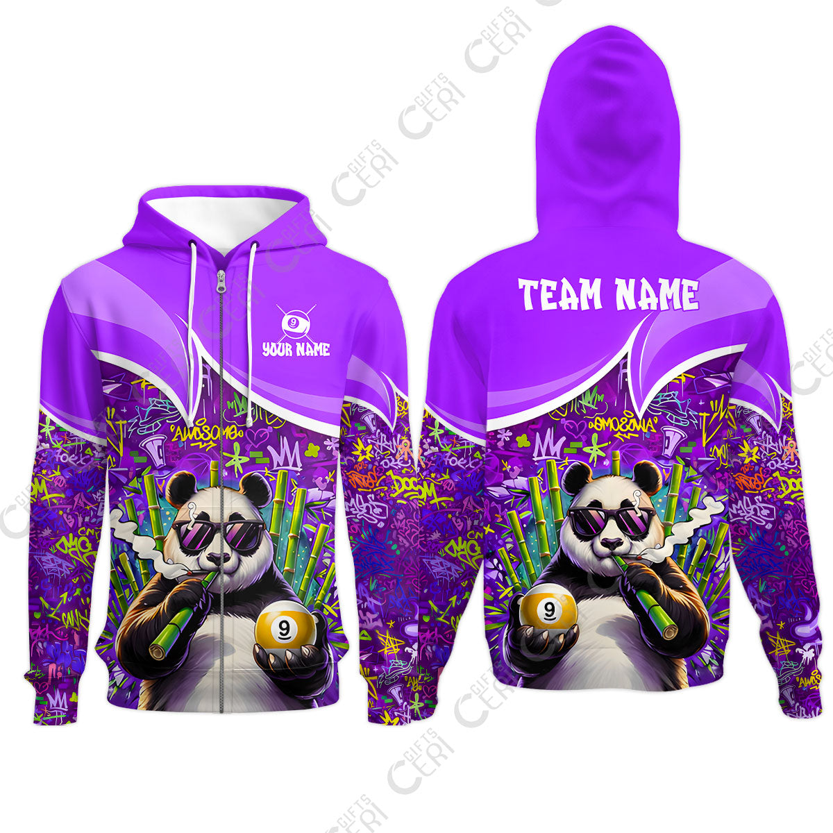 Customized 9 Ball Pool Zip Hoodies, 9-Ball Panda Bamboo Billiards, Billiards Jerseys