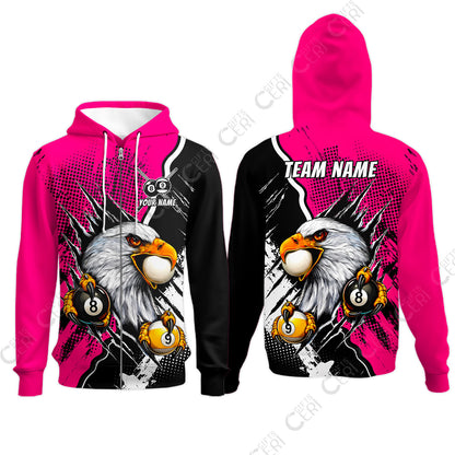 Customized Billiards Zip Hoodies, 8 & 9 Ball Billiard Eagle Comic Dot Halftone Background Color, Billiards Jerseys