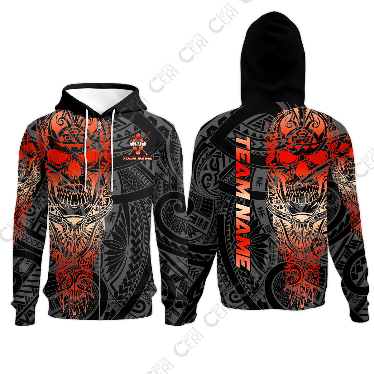 Customized 9 Ball Pool Zip Hoodies, 9-Ball Billiard Ethnic Tribal Style Pattern, Billiards Jerseys