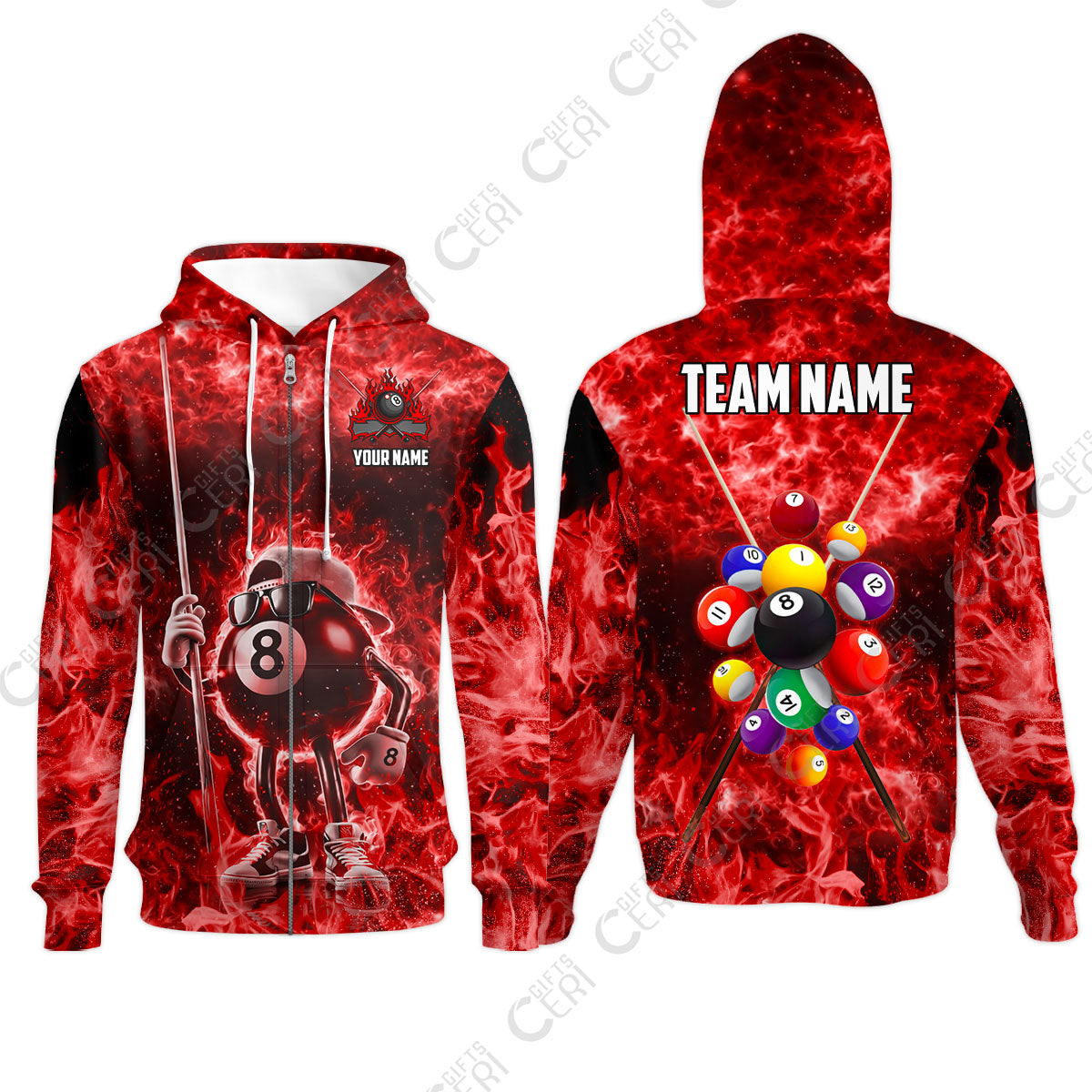 Customized 8 Ball Pool Zip Hoodies, 8-Ball Wearing Cap And Sunglasses Flaming Burn, Billiard Jerseys