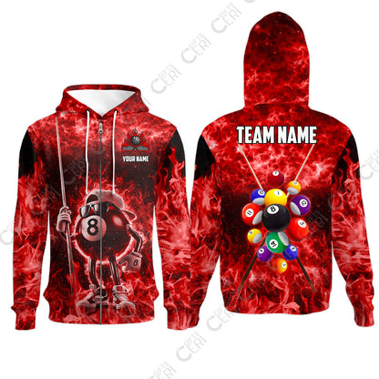 Customized 8 Ball Pool Zip Hoodies, 8-Ball Wearing Cap And Sunglasses Flaming Burn, Billiard Jerseys