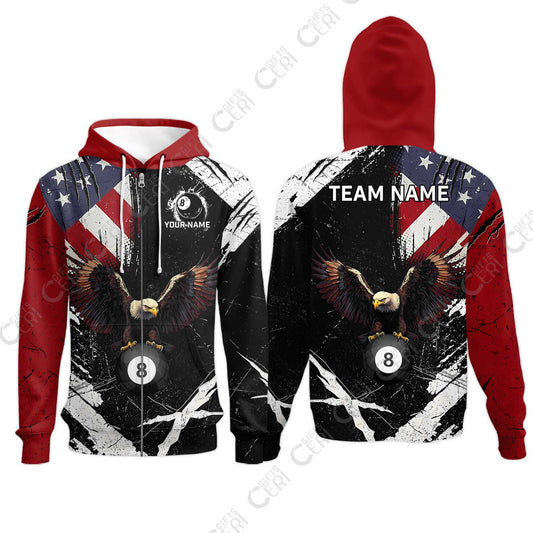 Customized 8 Ball Pool Zip Hoodies, Eagle Billiard American Flag 8-ball, Personalized Billiards Jersey