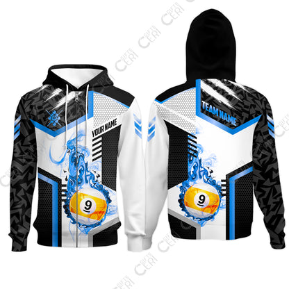Customized 9 Ball Pool Zip Hoodies, Flaming 9-Ball Graphic, Billiards Jersey
