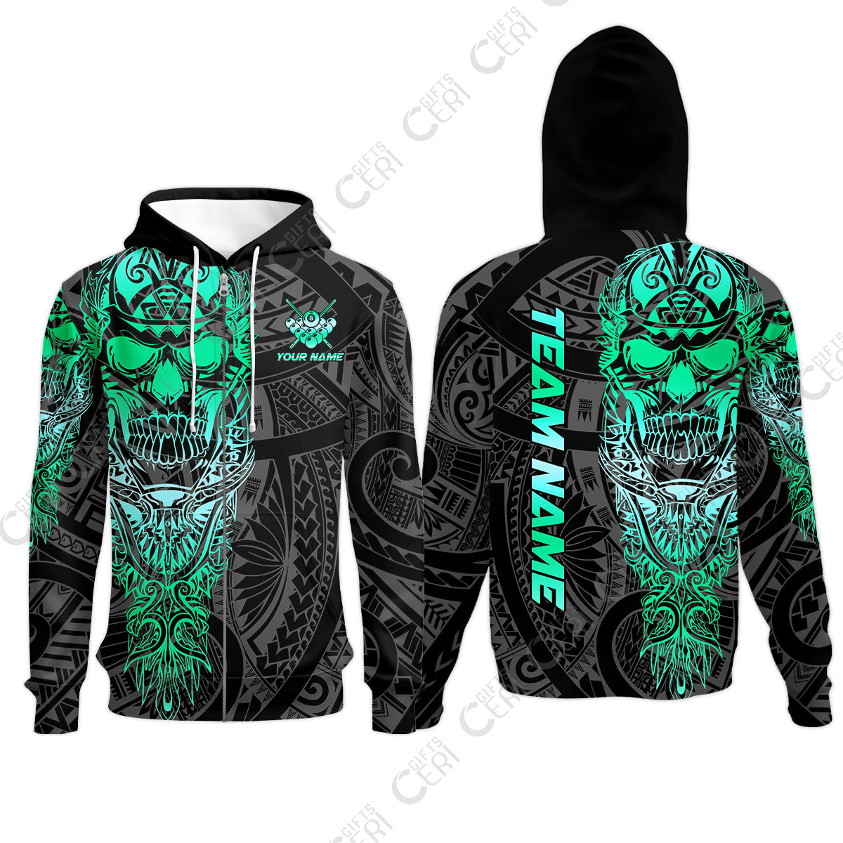 Customized 8 Ball Pool Zip Hoodies, 8-Ball Billiard Ethnic Tribal Style Pattern, Billiards Jerseys