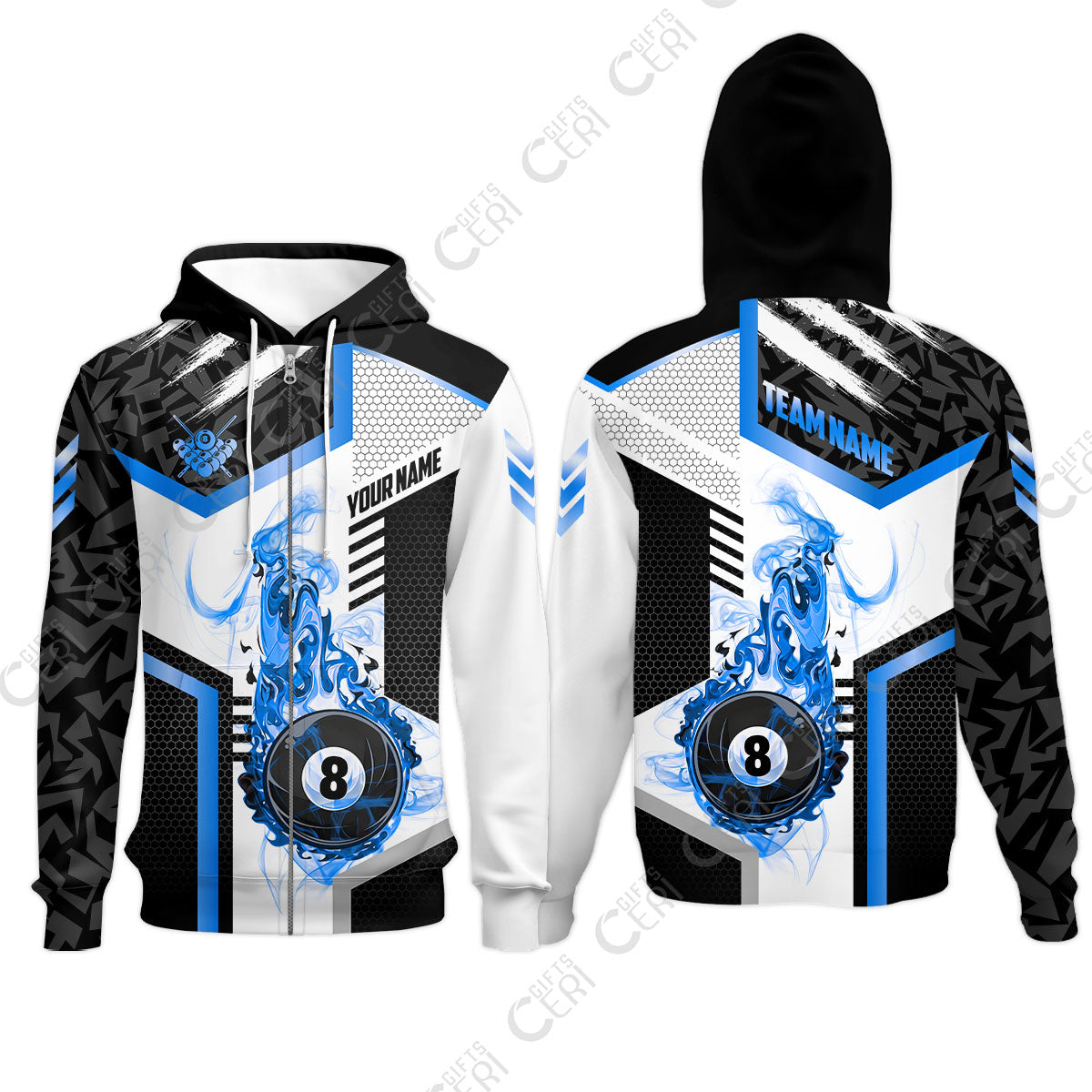 Customized Billiards Zip Hoodies, Flaming 8-Ball Graphic, 8 Ball Pool Jersey