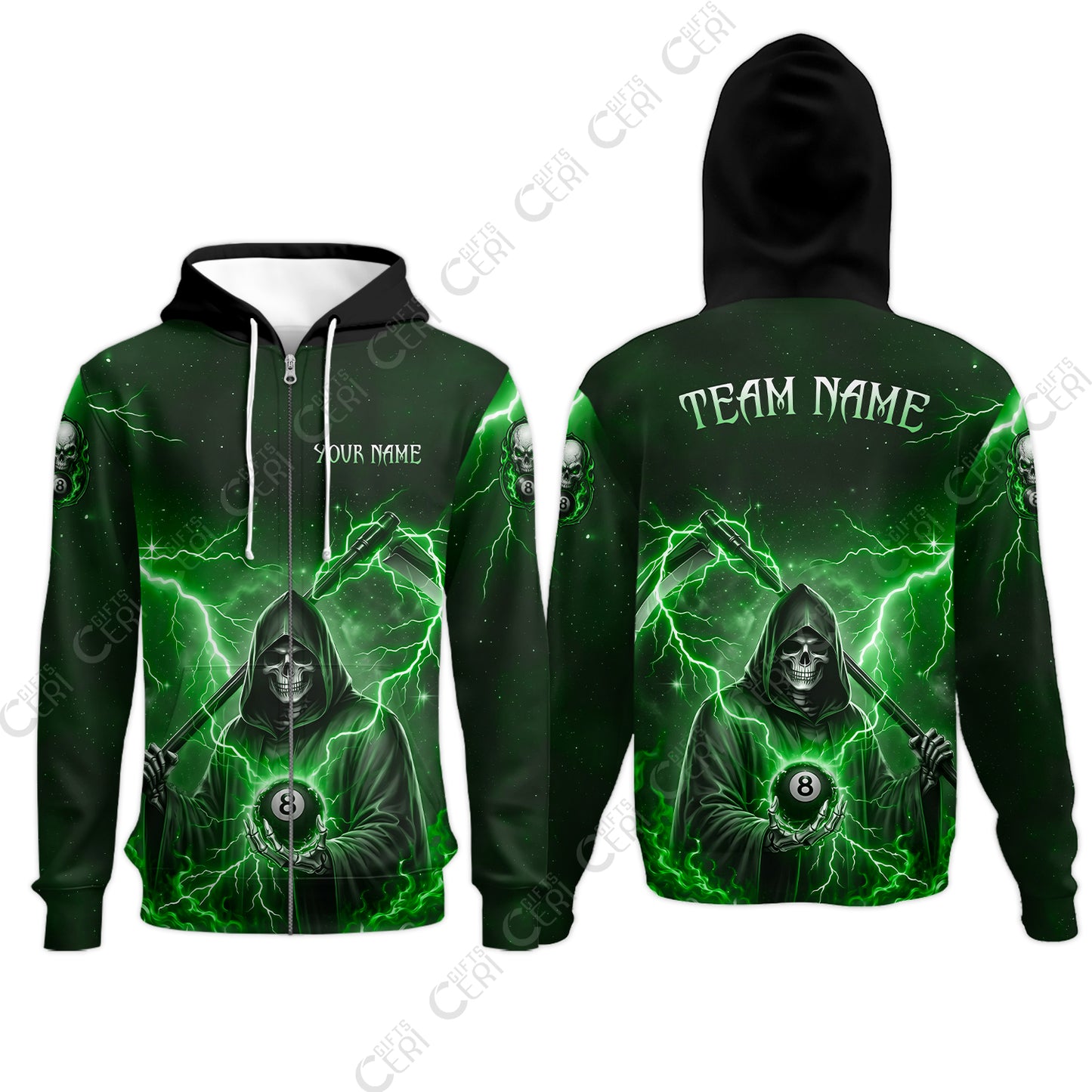 Customized 8 Ball Pool Zip Hoodies, Lightning And Flame Grim Reaper With 8 Ball, Personalized Billiards Jersey
