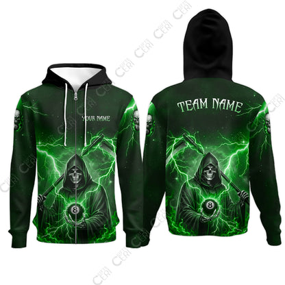 Customized 8 Ball Pool Zip Hoodies, Lightning And Flame Grim Reaper With 8 Ball, Personalized Billiards Jersey
