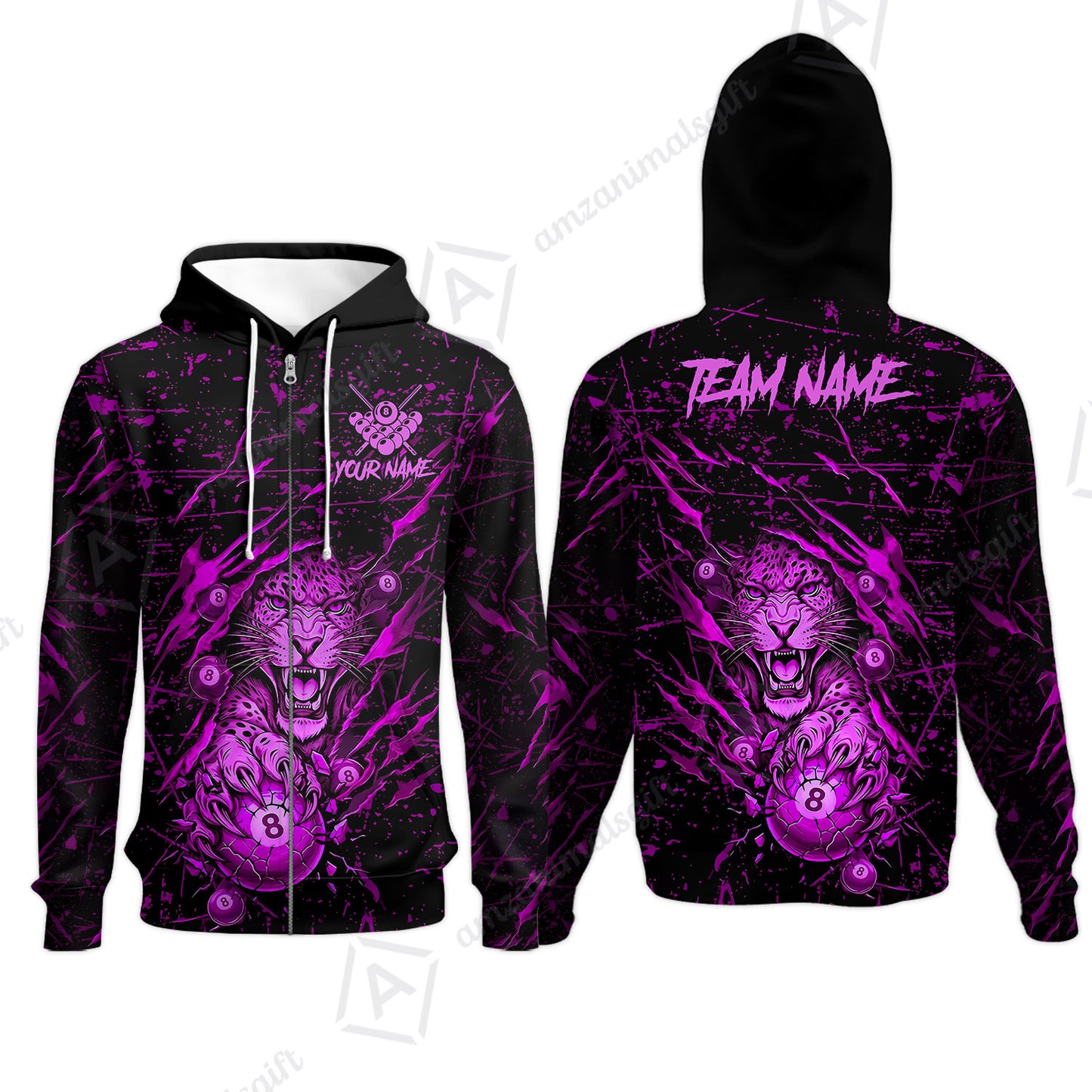 Customized Billiards Zip Hoodies, Panther Hold 8-Ball Billiards Jersey Gift For Billiard Players