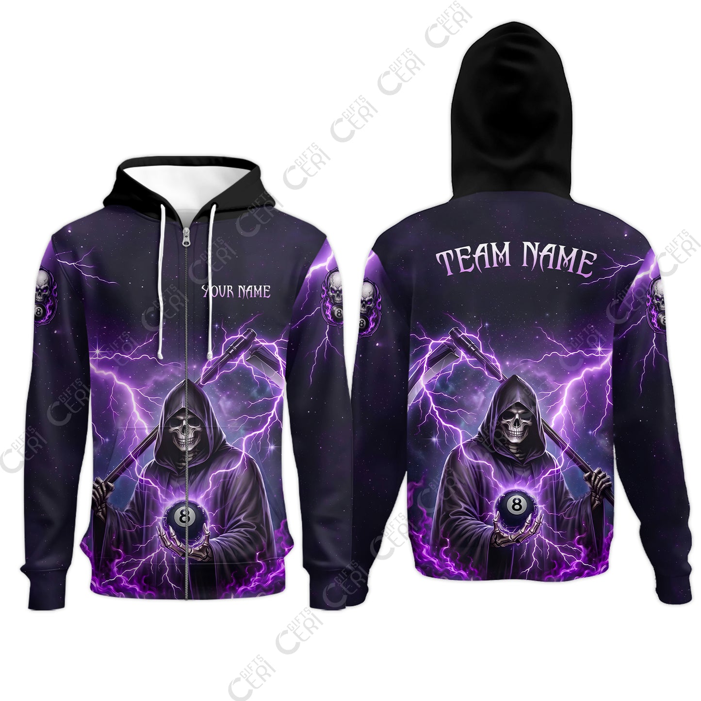 Customized 8 Ball Pool Zip Hoodies, Lightning And Flame Grim Reaper With 8 Ball, Personalized Billiards Jersey