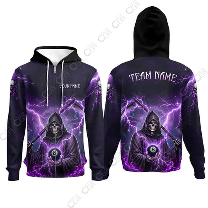 Customized 8 Ball Pool Zip Hoodies, Lightning And Flame Grim Reaper With 8 Ball, Personalized Billiards Jersey
