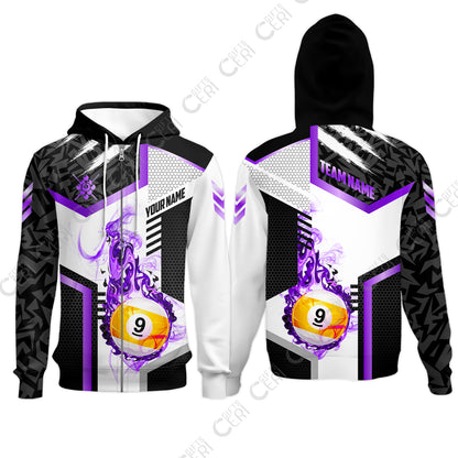 Customized 9 Ball Pool Zip Hoodies, Flaming 9-Ball Graphic, Billiards Jersey