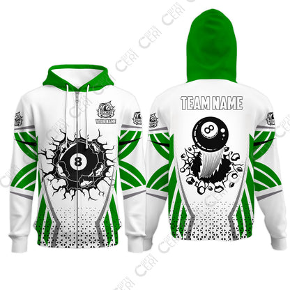 Customized 8 Ball Pool Zip Hoodies, Billiard Triangle Pattern, 8-Ball Breaks The Wall, Billiard Jerseys