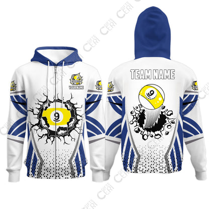 Customized 9 Ball Pool Zip Hoodies, Billiard Triangle Pattern, 9-Ball Breaks The Wall, Billiard Jerseys