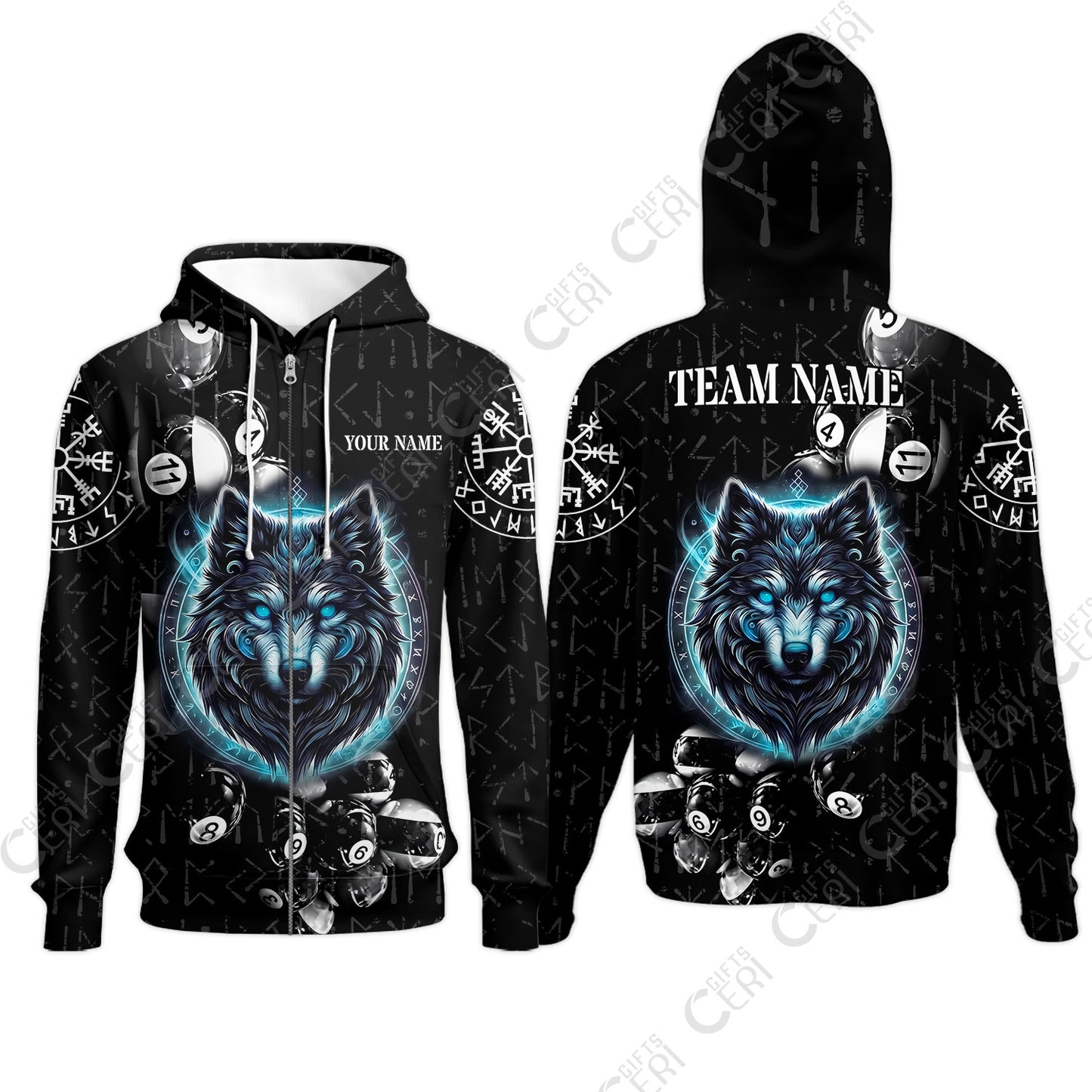 Customized Billiards Zip Hoodies, Wolf Runic Viking Black Grunge Alphabet, Billiards Jerseys