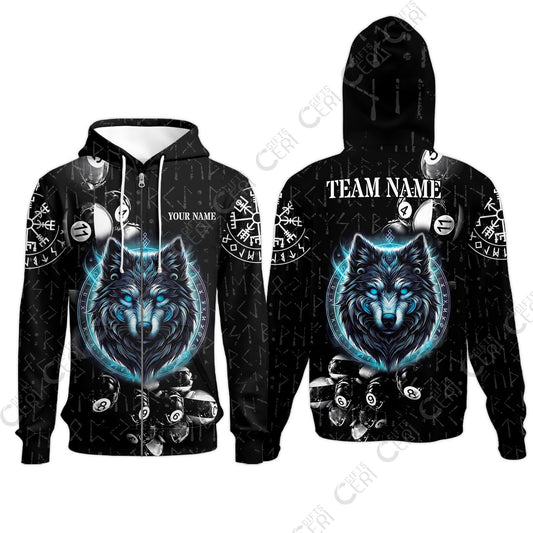 Customized Billiards Zip Hoodies, Wolf Runic Viking Black Grunge Alphabet, Billiards Jerseys