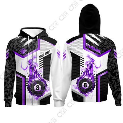 Customized Billiards Zip Hoodies, Flaming 8-Ball Graphic, 8 Ball Pool Jersey
