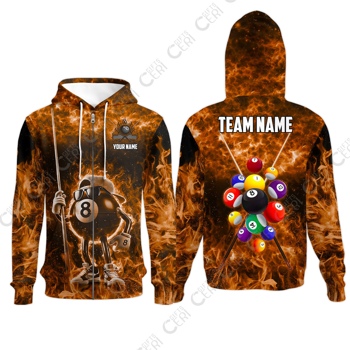 Customized 8 Ball Pool Zip Hoodies, 8-Ball Wearing Cap And Sunglasses Flaming Burn, Billiard Jerseys