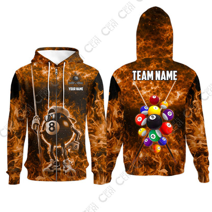 Customized 8 Ball Pool Zip Hoodies, 8-Ball Wearing Cap And Sunglasses Flaming Burn, Billiard Jerseys
