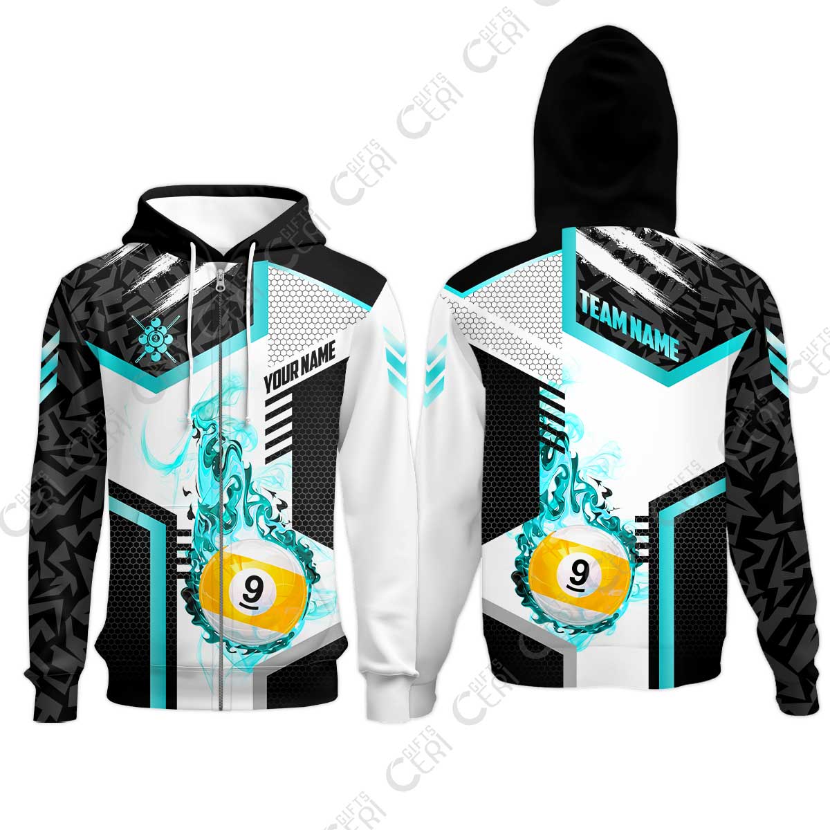 Customized 9 Ball Pool Zip Hoodies, Flaming 9-Ball Graphic, Billiards Jersey