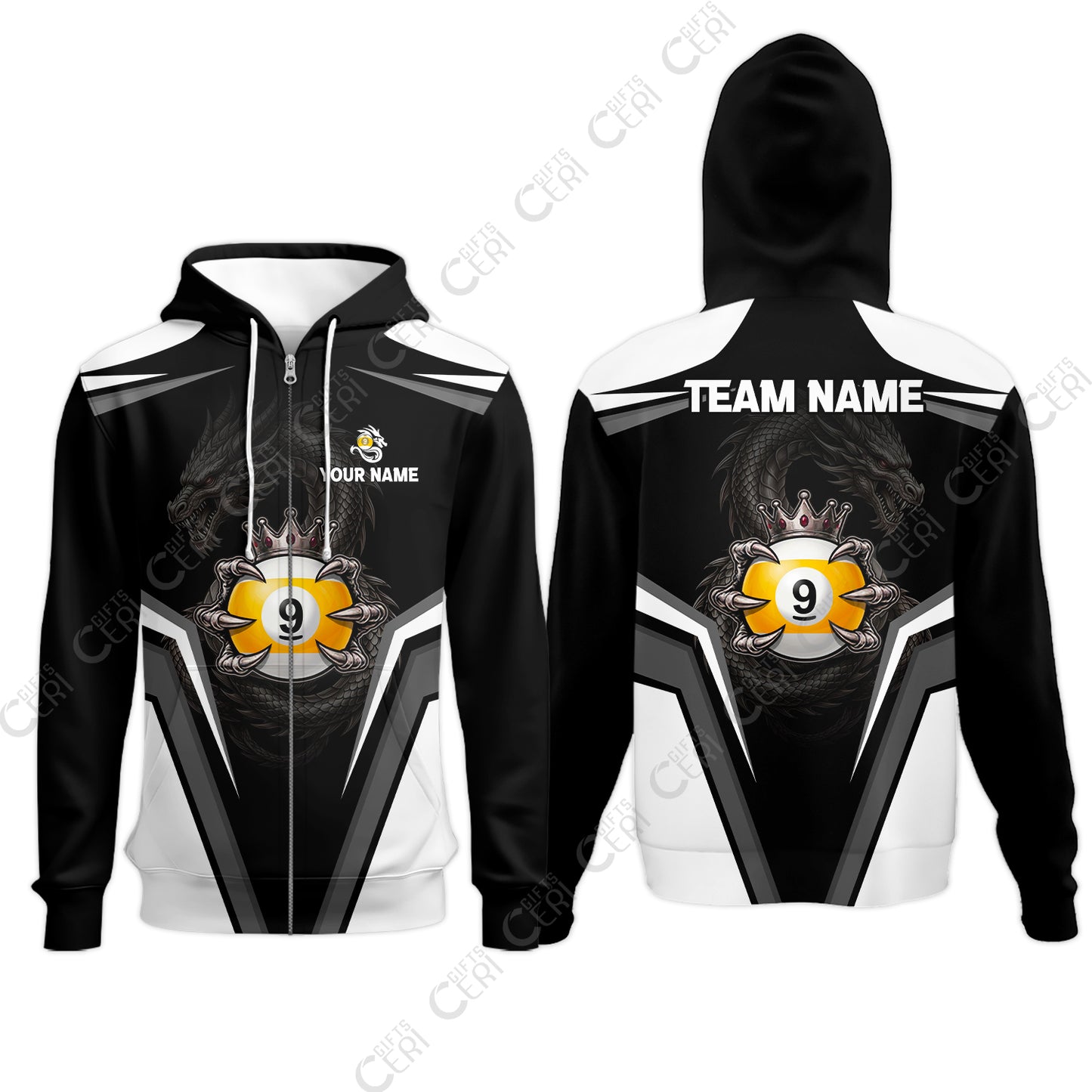 Customized 9 Ball Pool Zip Hoodies, Dragon's Holding 9-Ball, Personalized Billiards Jersey
