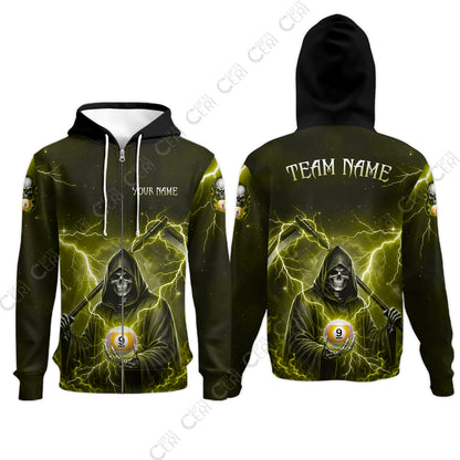 Customized 9 Ball Pool Zip Hoodies, Lightning And Flame Grim Reaper With 9 Ball, Personalized Billiards Jersey
