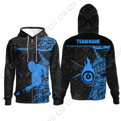 Customized 8 Ball Pool Zip Hoodies, 8-Ball Billiards Tattoo Pattern, Billiards Jerseys