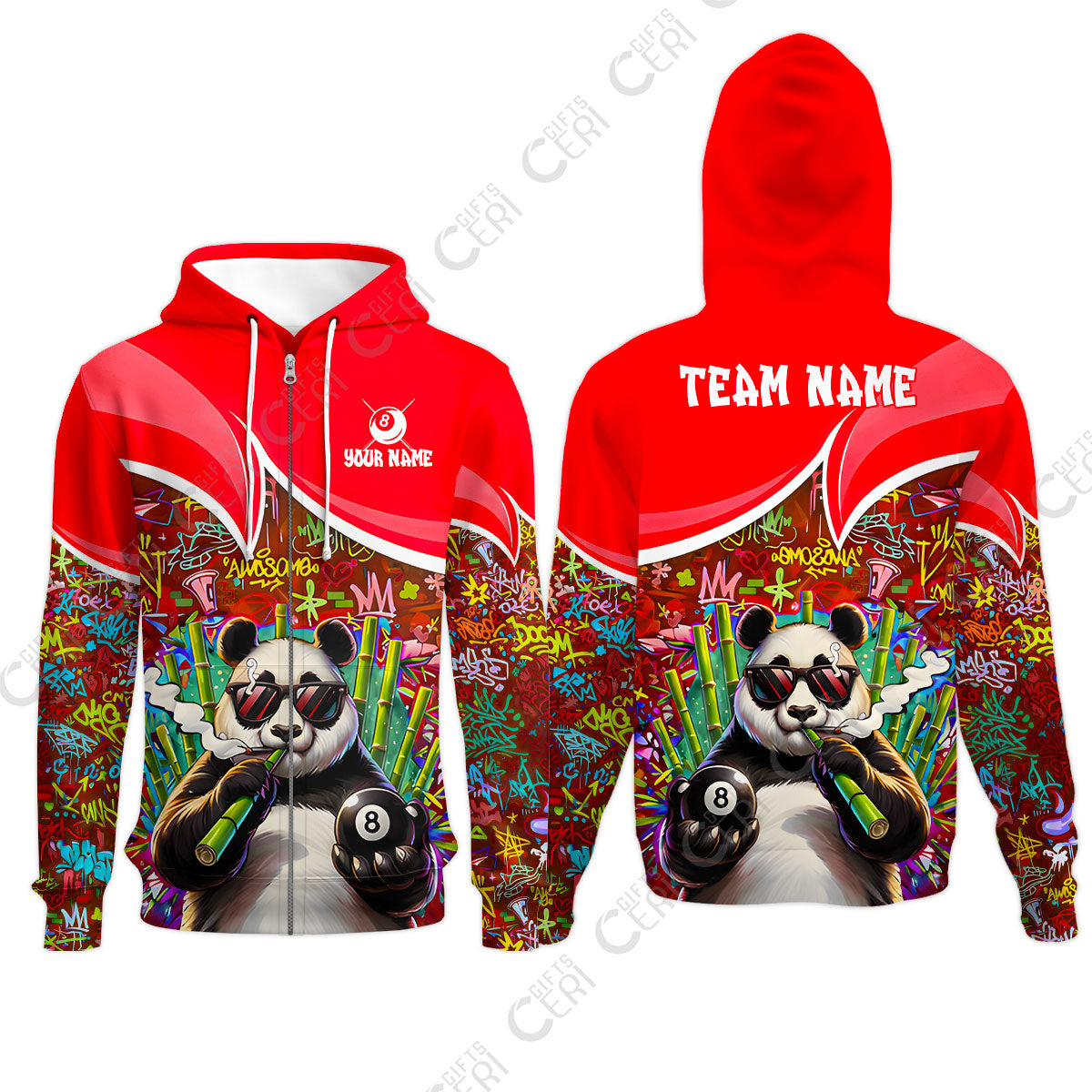 Customized 8 Ball Pool Zip Hoodies, 8-Ball Panda Bamboo Billiards, Billiards Jerseys