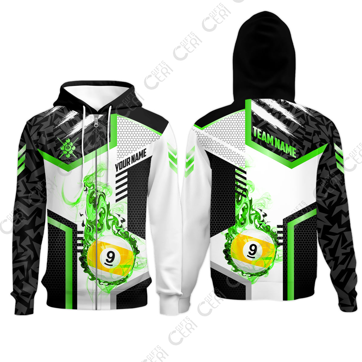 Customized 9 Ball Pool Zip Hoodies, Flaming 9-Ball Graphic, Billiards Jersey