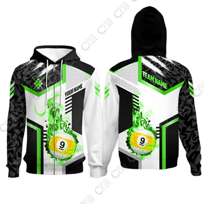 Customized 9 Ball Pool Zip Hoodies, Flaming 9-Ball Graphic, Billiards Jersey
