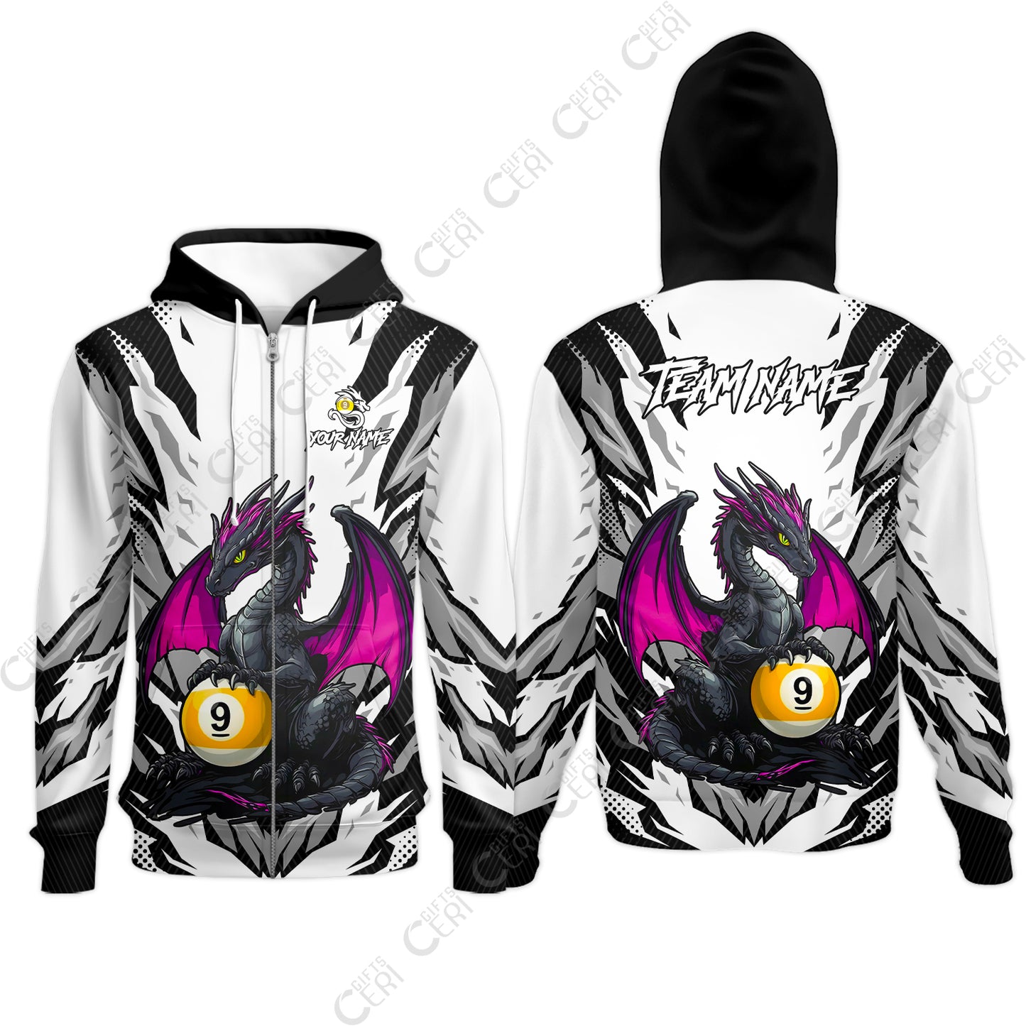Customized Billiards Zip Hoodies, Personalized Baby Dragon 9 Ball Jersey Gift For Billiard Players