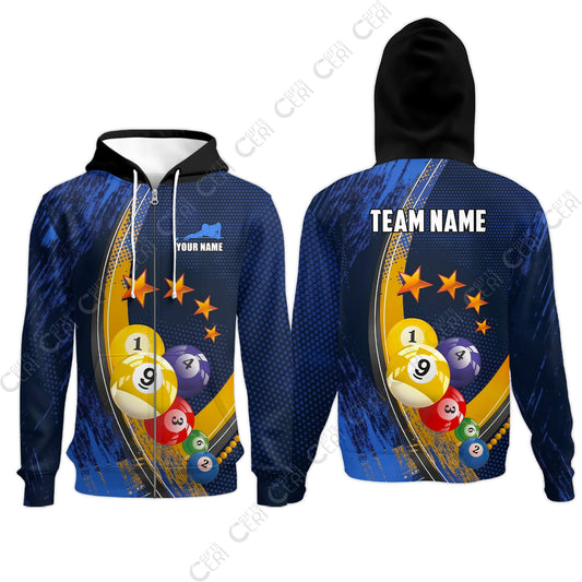 Customized 9 Ball Pool Zip Hoodies, Brush Paint Billiards 9-Ball, Personalized Billiards Jersey