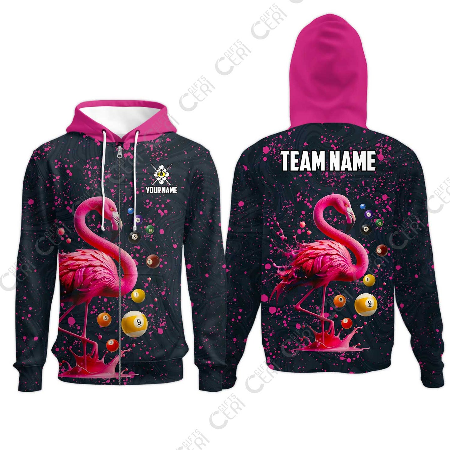 Customized 9 Ball Pool Zip Hoodies, Flamingo Pink Splat Billiard 9-Ball, Billiards Jersey