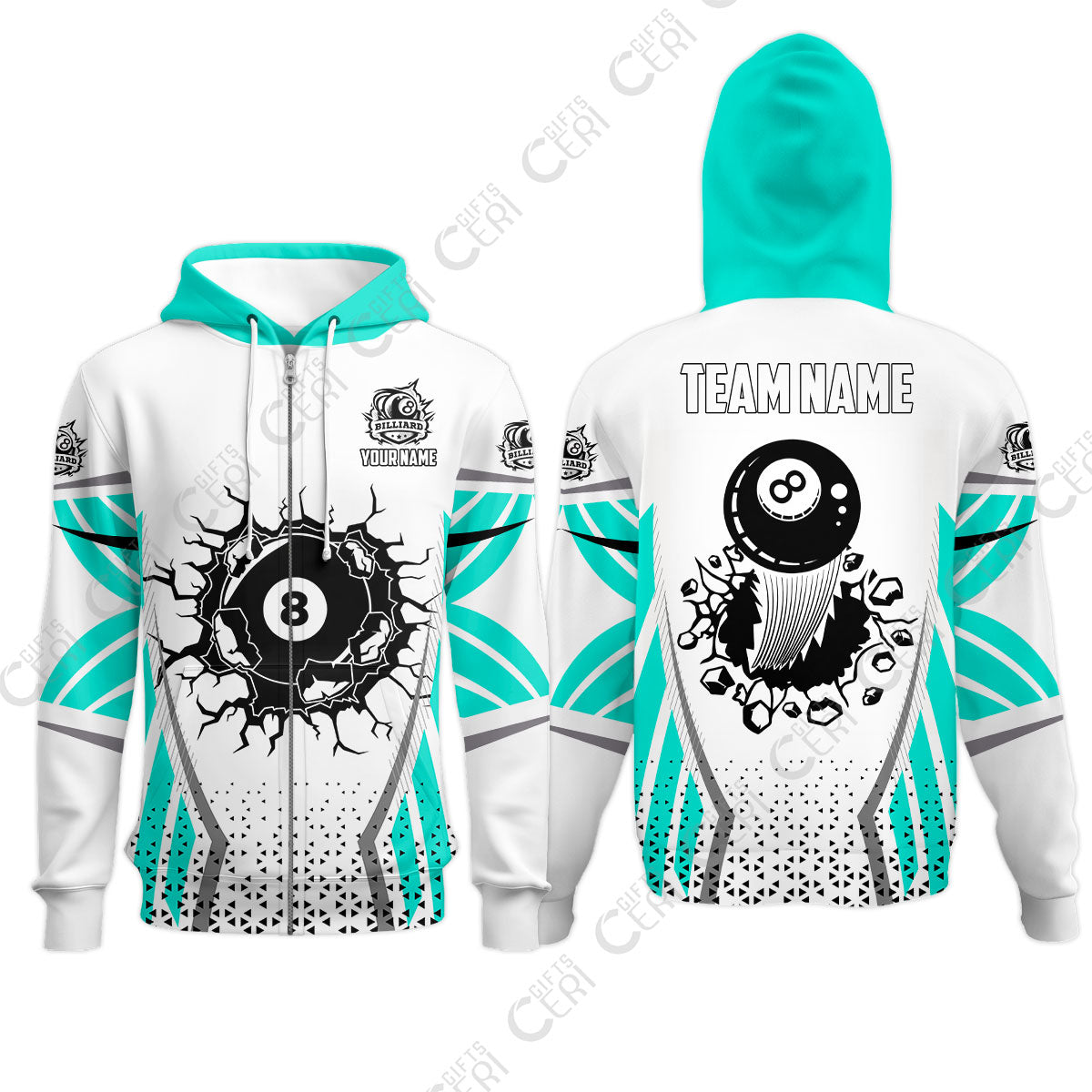 Customized 8 Ball Pool Zip Hoodies, Billiard Triangle Pattern, 8-Ball Breaks The Wall, Billiard Jerseys