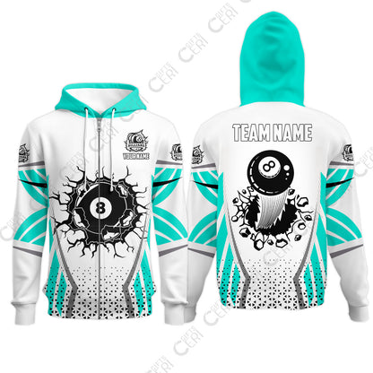 Customized 8 Ball Pool Zip Hoodies, Billiard Triangle Pattern, 8-Ball Breaks The Wall, Billiard Jerseys