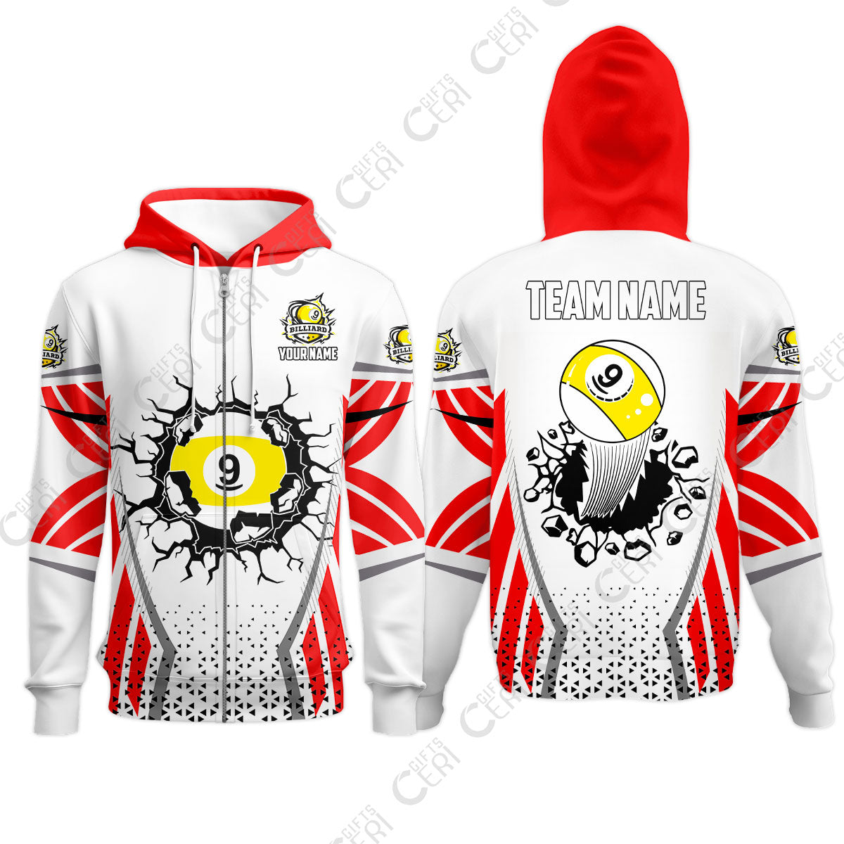 Customized 9 Ball Pool Zip Hoodies, Billiard Triangle Pattern, 9-Ball Breaks The Wall, Billiard Jerseys