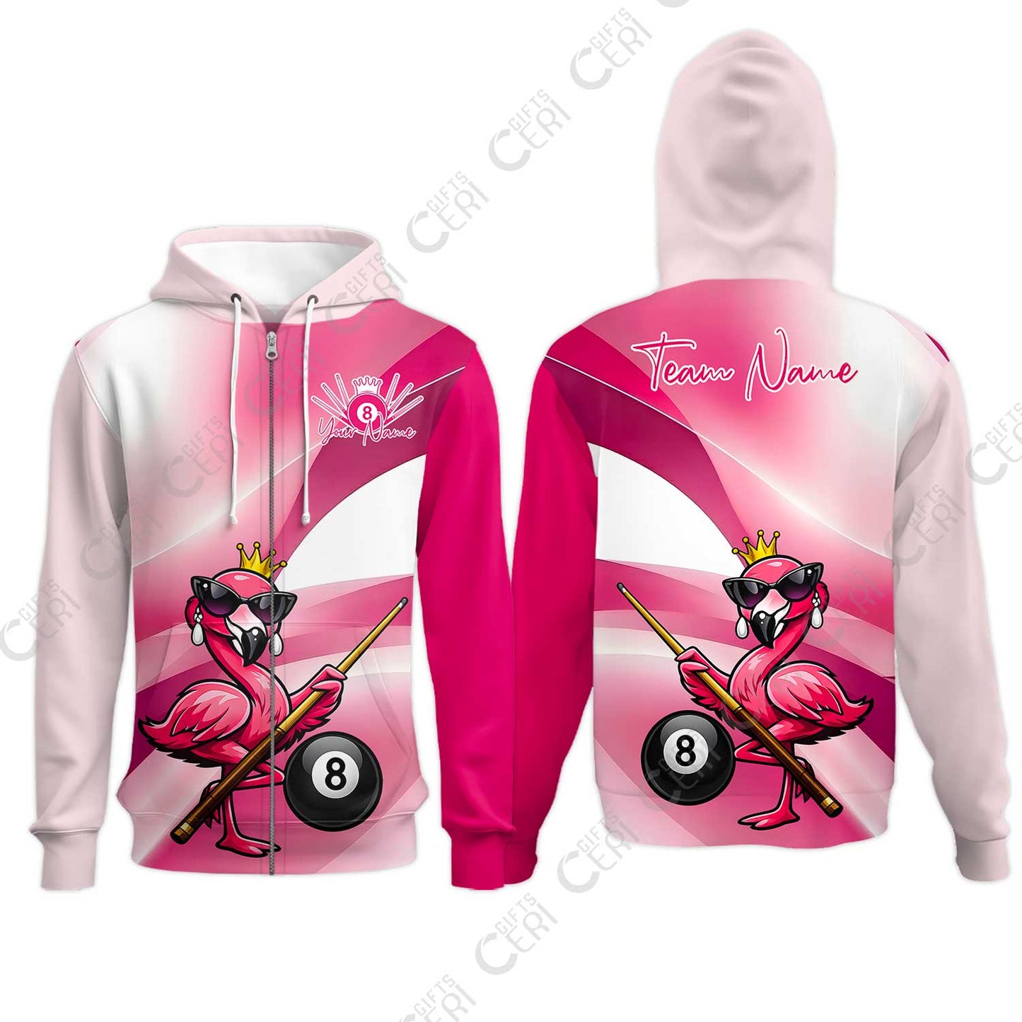 Customized 8 Ball Pool Zip Hoodies, Pink Flamingo Billiards 8-Ball, Personalized Billiards Jersey
