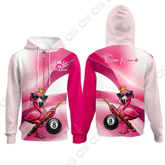 Customized 8 Ball Pool Zip Hoodies, Pink Flamingo Billiards 8-Ball, Personalized Billiards Jersey