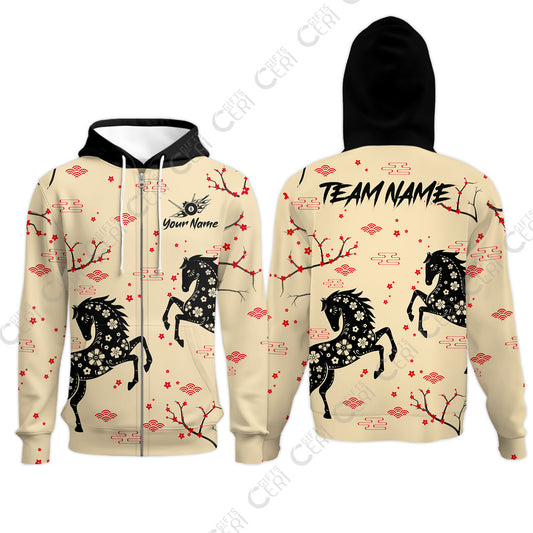 Customized 8 Ball Pool Zip Hoodies, Floral Pattern Horse Cherry Blossom, Personalized Billiards Jersey